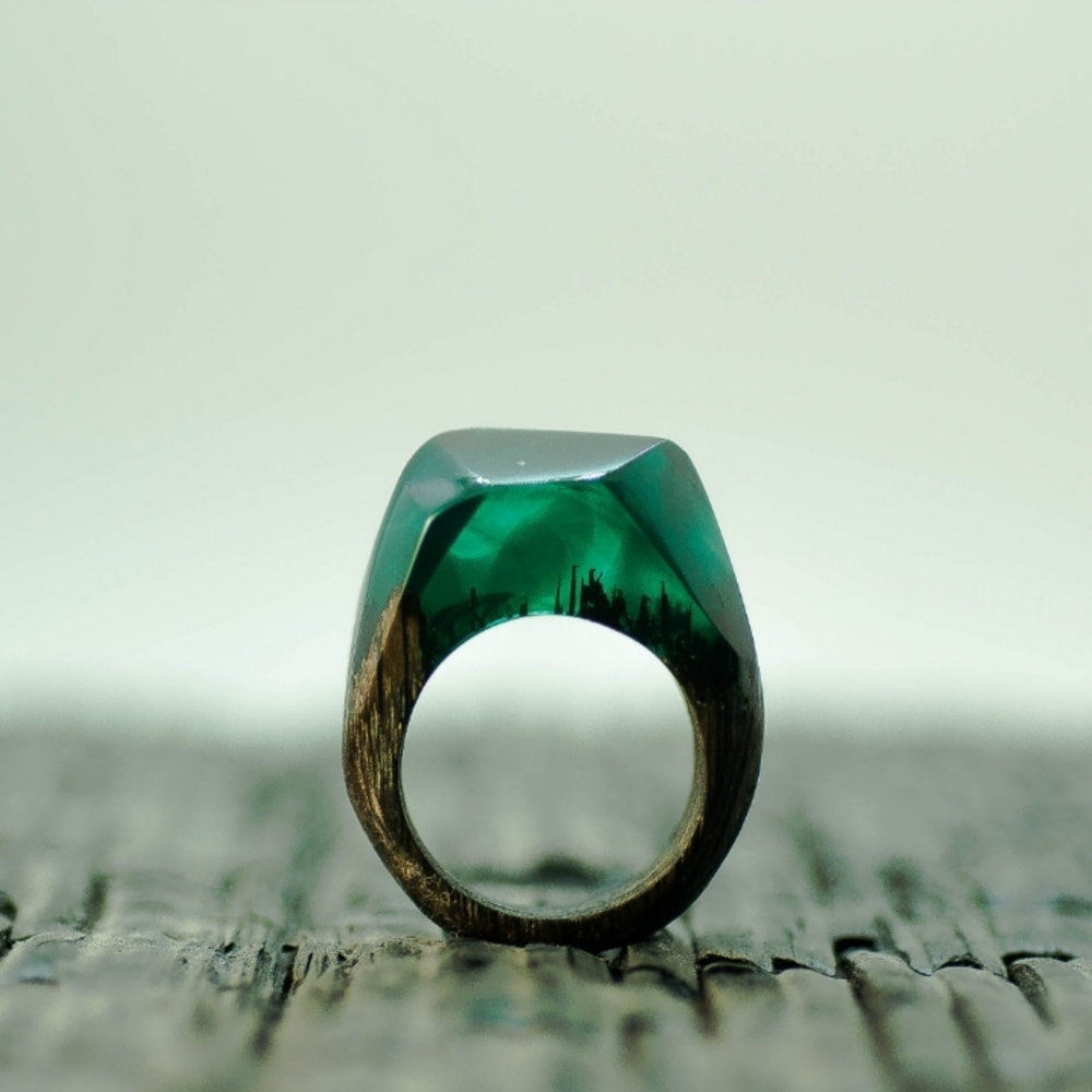 Handcrafted teal Green Wave wood ring Sz 7.25